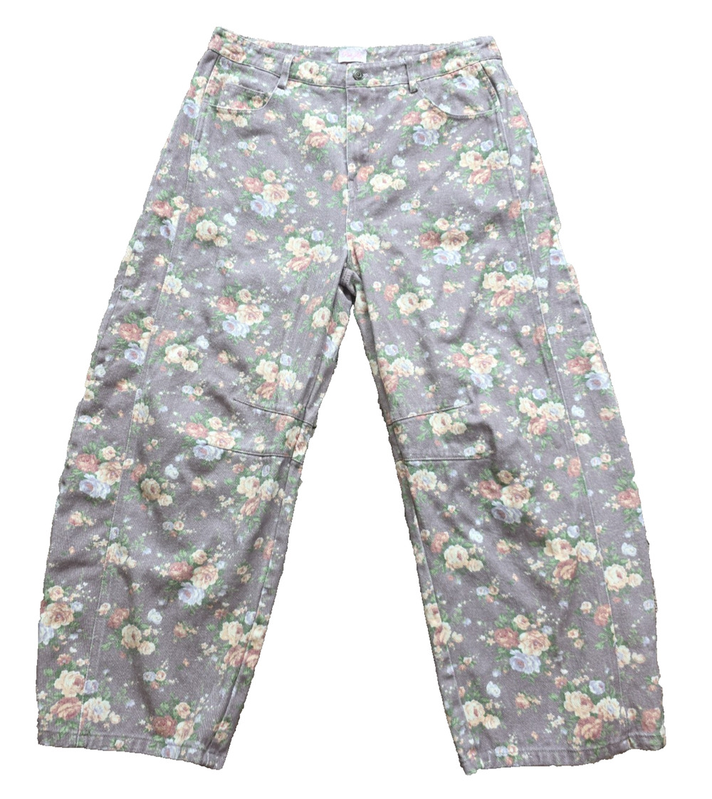 Pink Lily Floral Barrel Leg Jeans XL Rose Print Cropped Cottagecore Cotton